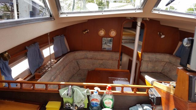 Saloon from raised galley looking forward.