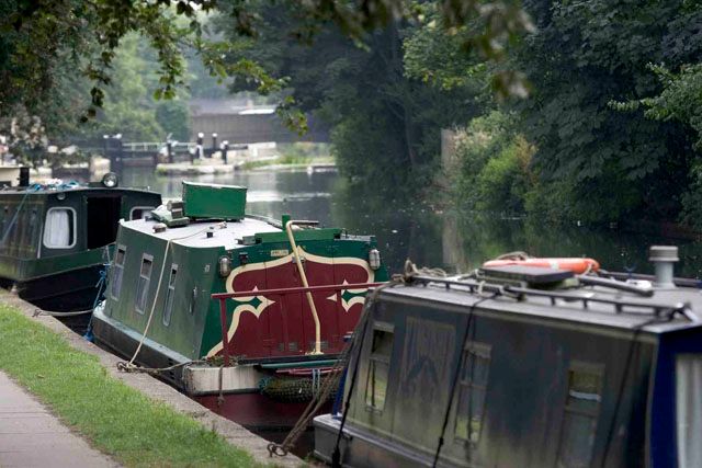 Narrowboats moored on a canal