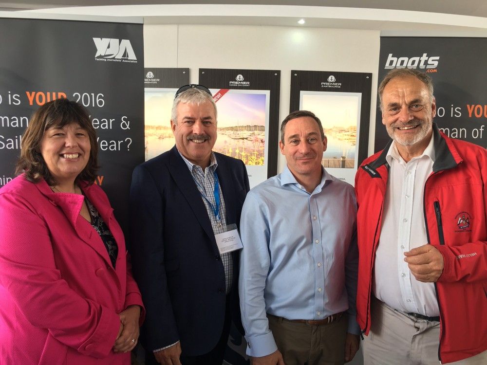 Tracey Clarke (Master of Ceremonies), Ian Atkins (President boats.com) , Pete Bradshaw (CEO Premier Marinas) & Barry Pickthall (YJA Chairman) gather at the 2016 reception hosted by Premier Marinas at the Southampton Boat Show attended by past Award winners, members of the Yachting Journalists’ Association (YJA) and Team GB’s Olympic medallists.