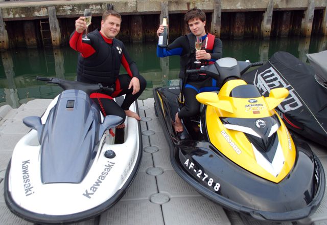 Jet skis in their berths in Poole
