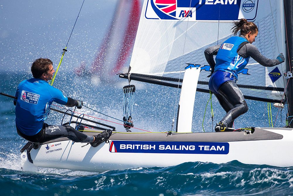 Nacra 17 British Olympic representatives Ben Saxton and Nicola Groves. Photo Richard Langdon/Team GB.