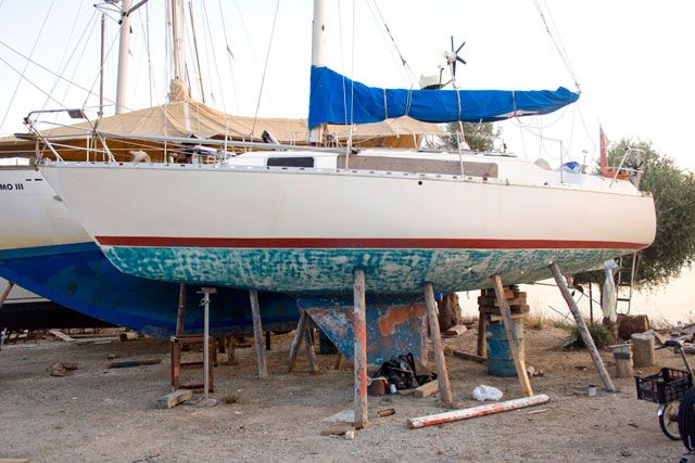 boat maintenance: Yacht ashore awaiting re-application of antifouling