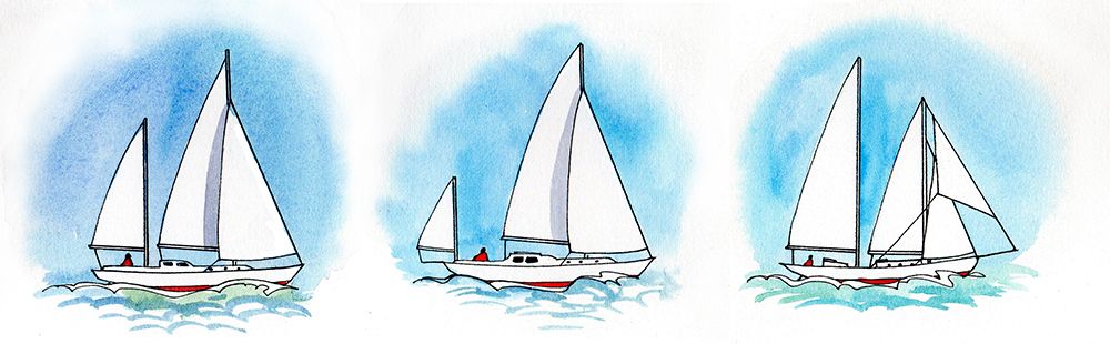 Rig types (from left): Ketch, schooner, yawl. These types have a second mast