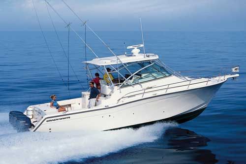 hown in triplet configuration on this Grady White 360, the F350 is the most powerful stock outboard currently on the market.