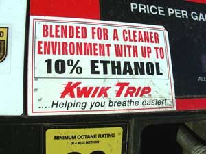 A sign of the times. In most states, pumps dispensing ethanol-blend fuel must have a label like this one.