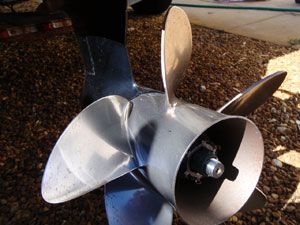 Stock propellers are often made from aluminum; alternatives are commonly constructed of stainless steel, like the prop shown here.
