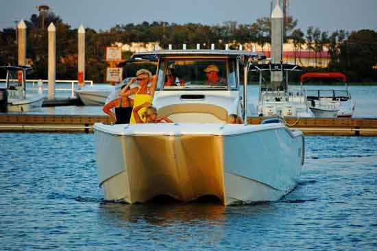 This bow-on perspective shows the double hull shape of the Mamba 350.