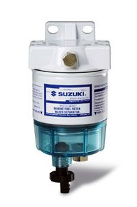 A 10-micron remote fuel filter is your best defense against contaminated gas. This Suzuki filter has a plastic bowl with a tap to drain water.