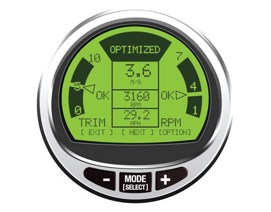 This gauge reports fuel use in miles per gallon and can be used to optimize your boat’s economy.