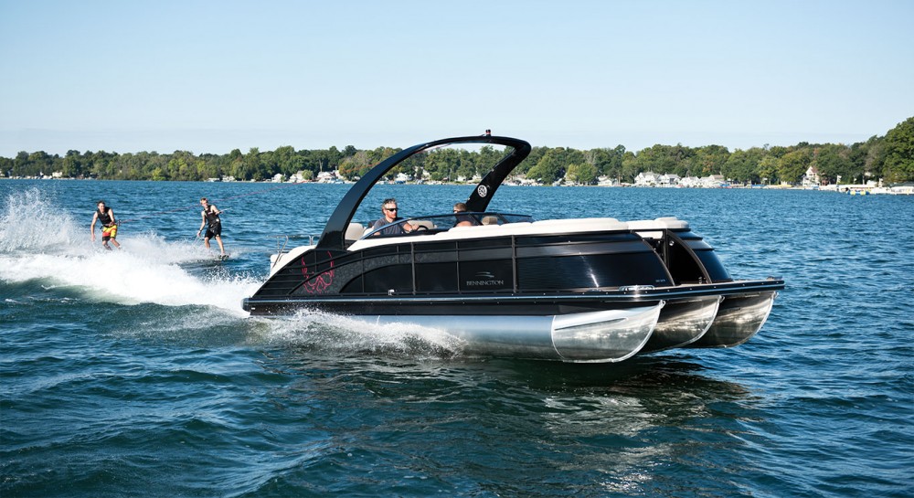 If you want stern-drive power, V-hull handling, and speeds over 45-mph, the Bennington 2575 RCW is a pontoon to check out.
