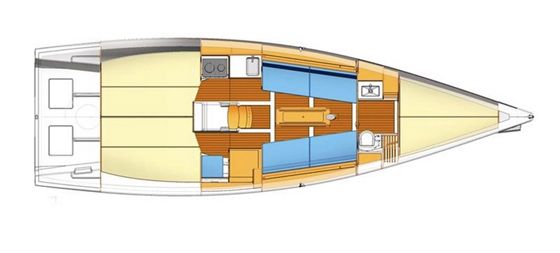 The layout emphasizes a big racing cockpit and minimal accommodations, with an open forepeak that serves as a sail locker. Forepeak bunks can be added as an option.