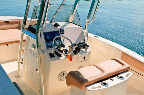 A photo of the deck layout on a Scout Sportfish 195.