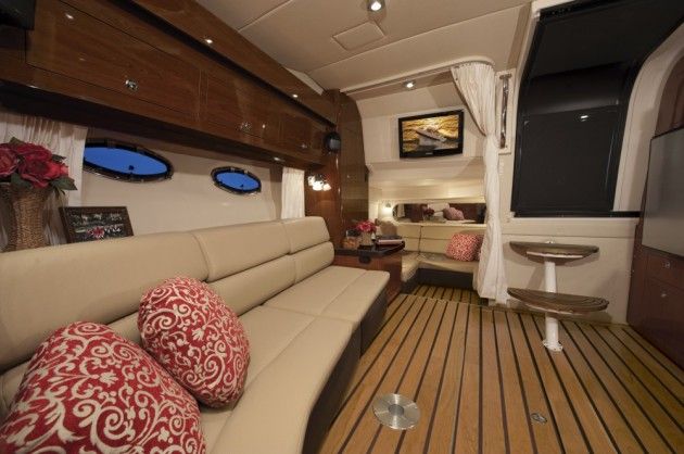 There's plenty of room down below on the 38 Express. The pictured starboard bench converts into a double berth easily, as does a C-shaped lounge located farther aft underneath the television.