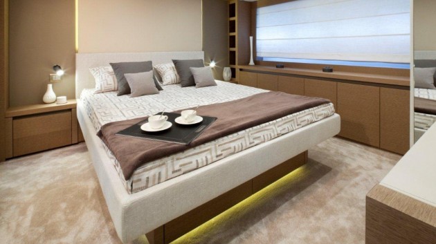 The master stateroom is situated on the main deck of the Prestige 750 and chocked-full of luxurious finishes. 