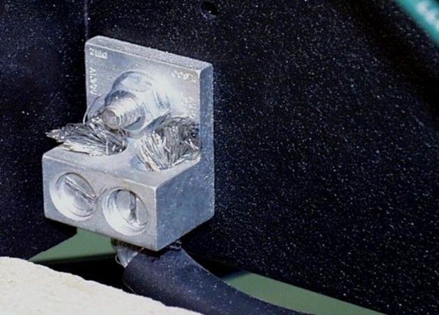 Crushing cable ends in a connection like this risks cutting cable strands and reducing amperage-handling capacity.