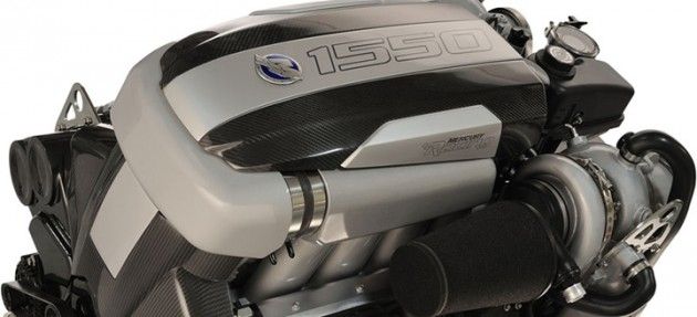 Key fobs and fuel can switch the power level of Mercury Racing’s latest stern-drive engine from 1,550 to 1,350 hp and back.