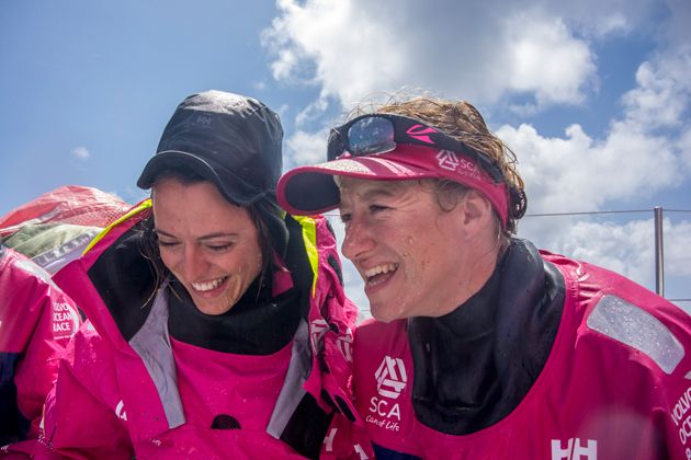 Annie's trademark grin is contagious, as teammate Justine Mettraux learned as they crossed the equator for the first time. Photo: Team SCA/Sophie Ciszek