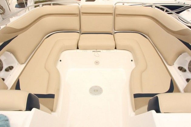Lounge ahoy! The forward seating area on the Hurricane SunDeck SD 2486 OB has plenty of room for several folks to hang out and relax. Photo courtesy of Hurricane Boats