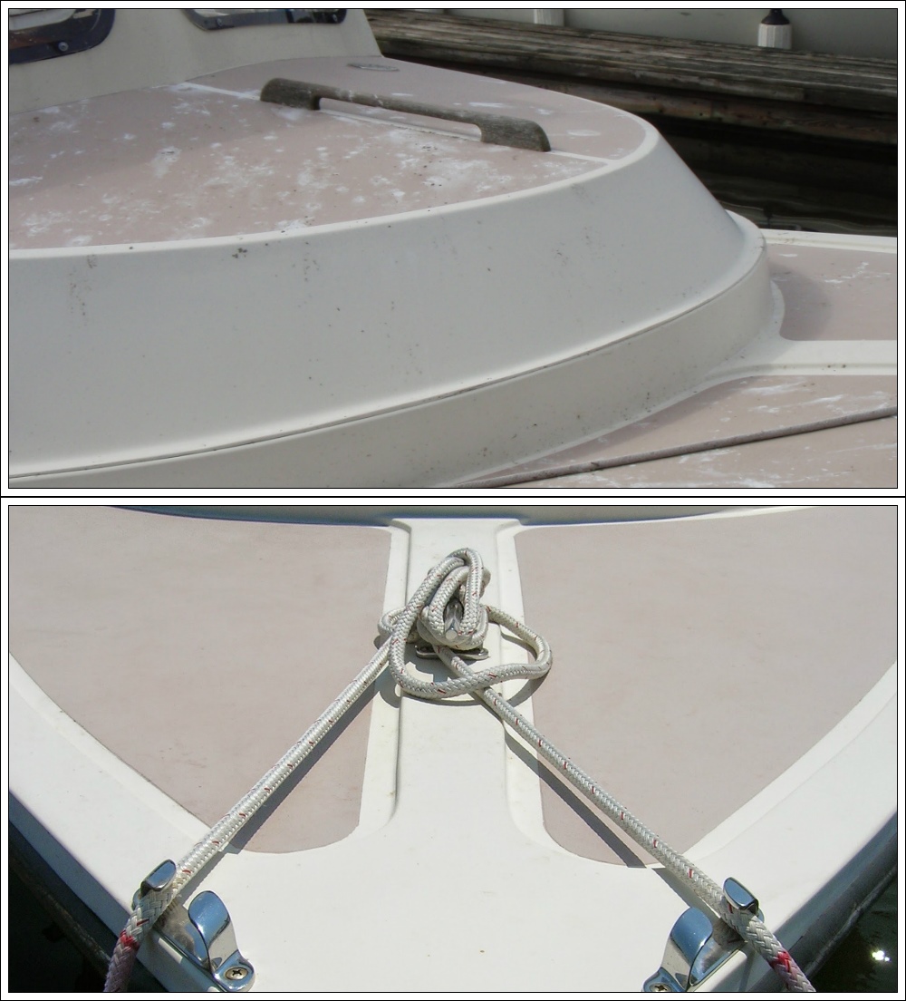 Above: The molded-in foredeck nonskid on this boat was worn down over the years and damaged by acid from bird droppings. Below: The nonskid areas were taped off and painted with single-part Pettit Easypoxy polyurethane paint mixed with Interlux nonskid compound.