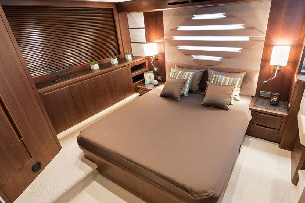Along with plenty of headroom, the Galeon’s master stateroom offers plenty of elbow room thanks to its full-beam design.