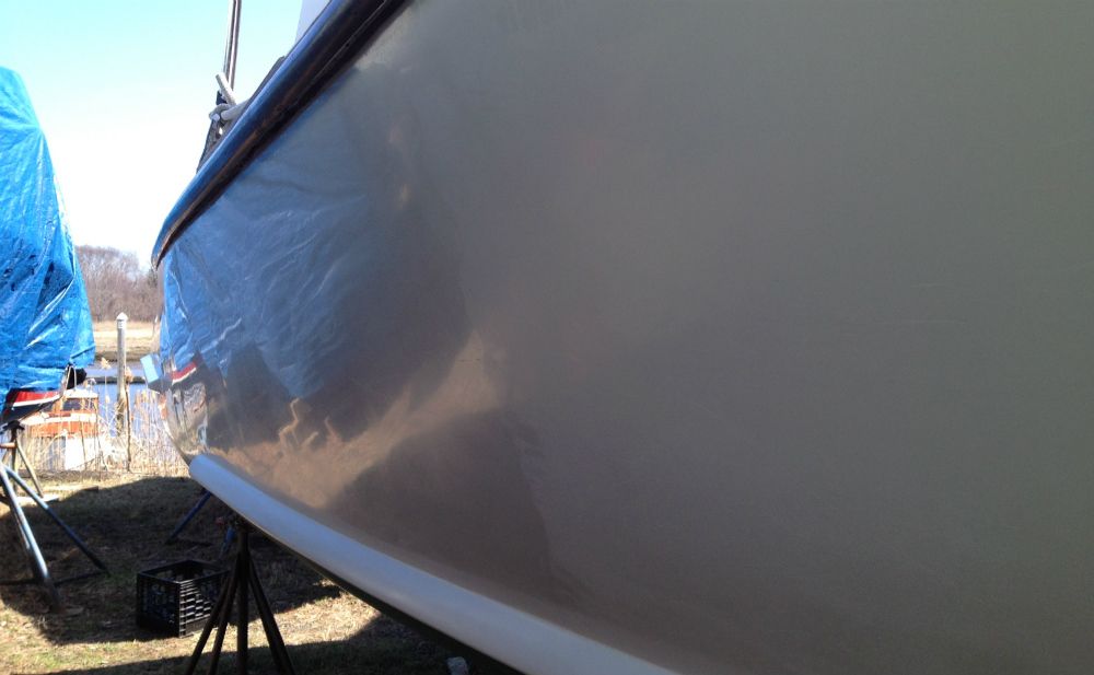 Washing, compounding, and paste-waxing can help preserve gelcoat for a long time. Compare the waxed surface on the left to the chalky one on the right. But eventually Mother Nature will take her toll.