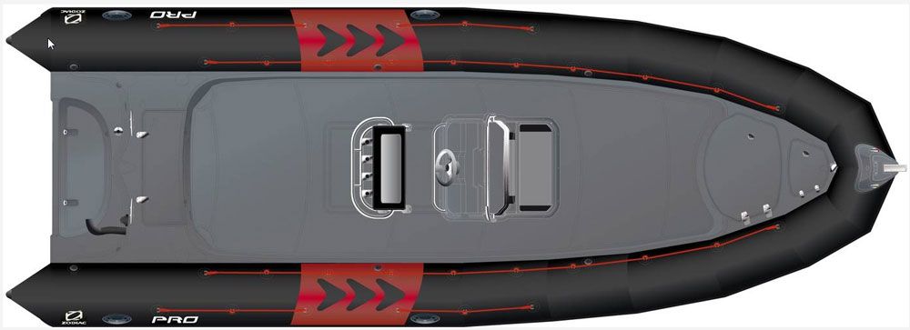 While the Zodiac Pro 850’s basic layout is molded into the “rigid” part of the RIB, deck layout and seating is, to some degree, customizable. The Optimum model incorporates a new console and seating.