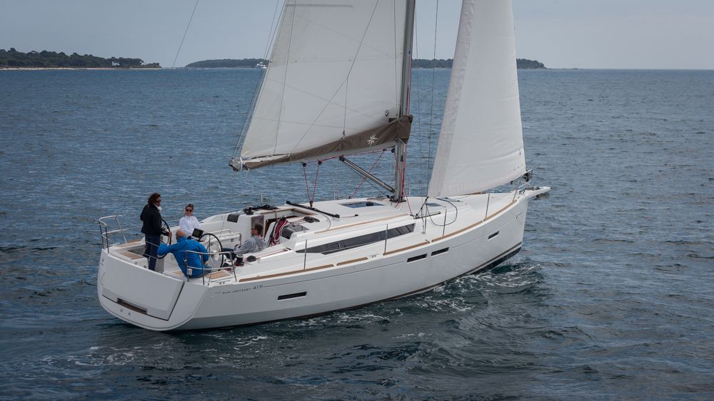 Quick and comfortable, the new Jeanneau Sun Odyssey 419 sails under test near Cannes, France. Photo by Diego Yriarte.