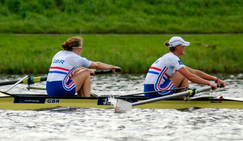 Great Britain's Women's Pair (-) in the 2014 World Rowing Championships. Rowing sweeps in a pair requires great balance and harmony between the rowers.