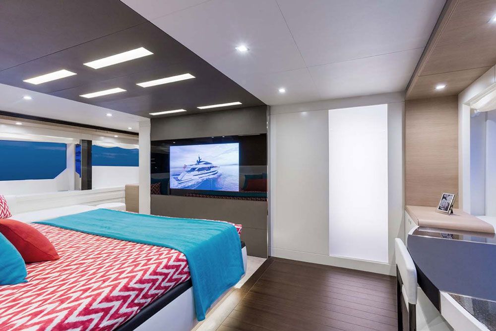 Although customizable, the Astondoa Century offers a basic 4+1 layout with four guestrooms on the lower deck amidships with en suite heads and their own refrigerators. But this spacious, full-beam master stateroom is on the main deck forward, with large windows both port and starboard. A personalized detail is the floor-to-ceiling shoe closet, commissioned specifically on this first hull of the series. Although customizable, the Astondoa Century offers a basic 4+1 layout with four guestrooms on the lower deck amidships with en suite heads and their own refrigerators. But this spacious, full-beam master stateroom is on the main deck forward, with large windows both port and starboard. A personalized detail is the floor-to-ceiling shoe closet, commissioned specifically on this first hull of the series.