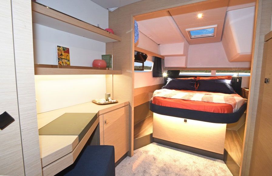The port hull has two cabins and two heads, neither of which features a shower unless you spec one head with a stall. One configuration will work for charter while the other may make friends and family more comfortable.