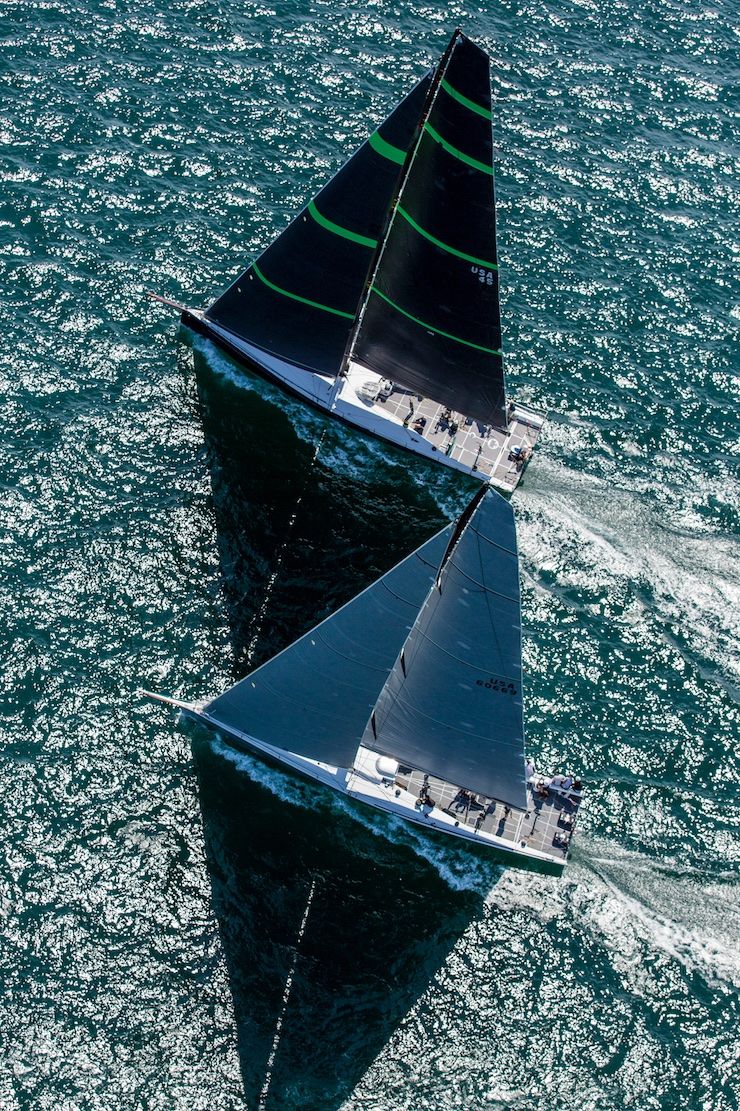 Purpose-built racers like Hap Fauth’s Bellamente and George Sakellaris’s Shockwave, here sailing in 2014, are likely to finish the course in three days as they compete for top honors in the Gibbs Hill Lighthouse division for boats without restrictions on professional crews. Photo: Daniel Forster/PPL