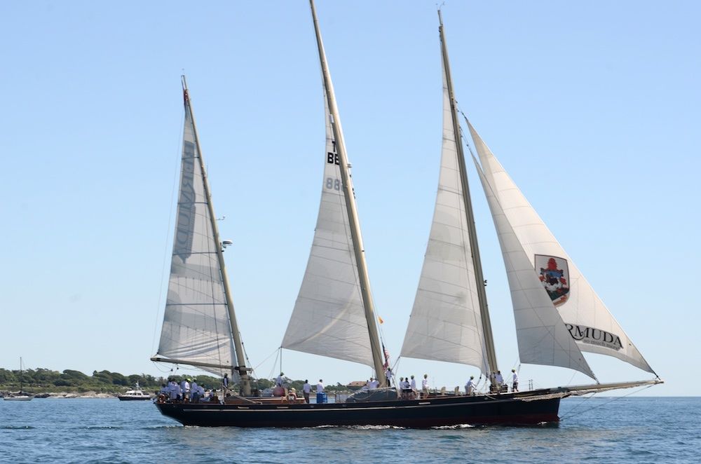 The Bermudan youth sail-training schooner, Spirit of Bermuda, sails every year in its own division. Built in 2006, the vessel is 112 feet in overall length, 86 feet on the waterline. Photo: Talbot Wilson/PPL