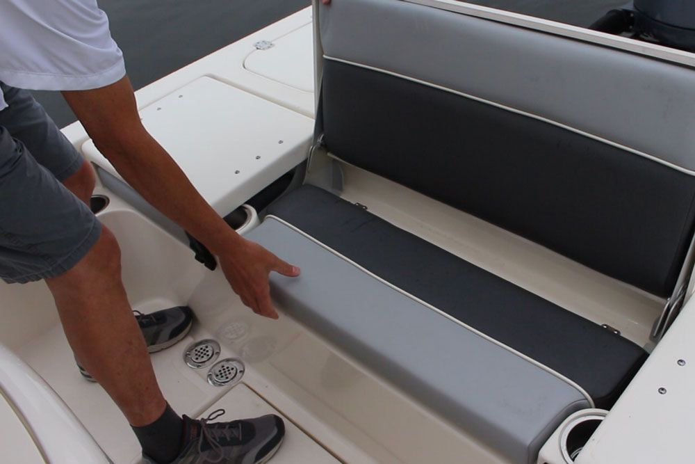 The Shearwater’s aft casting platform isn’t as massive as the foredeck, but it does house a comfy fold-away bench seat—with a livewell underneath.