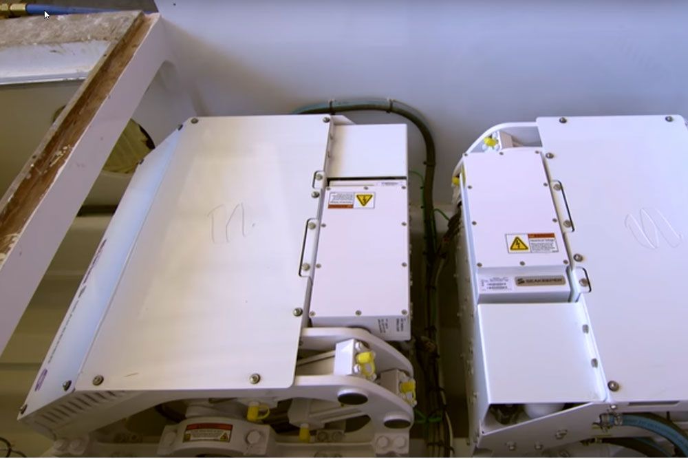 Where there isn’t enough width to install a Seakeeper 9, a pair of Seakeeper 5 units are installed beneath the deck of a classic Rybovich sportfishing boat.