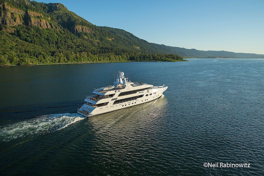 The latest Christensen yacht to be launched, Silver Lining runs toward the mouth of the 1,200 mile long Columbia River, past Vancouver, Washington.