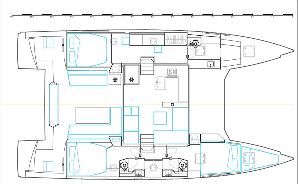 Two layouts are available. The charter version has four cabins and two heads that share a shower compartment. The owner’s version uses the whole port hull to create a master suite with a head and stall shower forward and a queen sized bed aft, separated by a long desk and lockers the size of home closets.