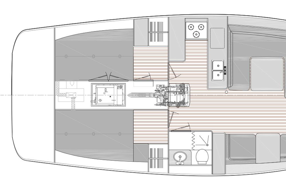 In the starboard cabin, Douglas showed off an admirable bit of forethought in the grouping of engine filters and strainers, all accessed behind a single panel. “If you can’t get to it, you won’t take care of it,” says Douglas. “The whole boat is designed around accessibility.”