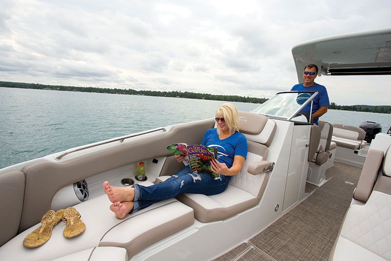 Up front, the bow features enormous lounges with two hinged cushions for access to the stowage underneath. There’s also a removable cooler up there and a full-featured anchor locker with a windlass, rope, and chain.