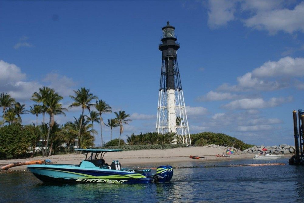Miami Ice is the latest from Statement Marine. Note the matching color schemes on the boat and its brace of triple outboards.