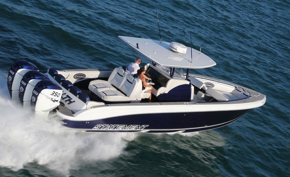 According to Statement Marine’s Craig Barrie, the company is closing in on center console No. 100. This 38-footer was delivered to Walter and Donna Molosh during the Florida Powerboat Club’s Key West Poker Run in November 2016.