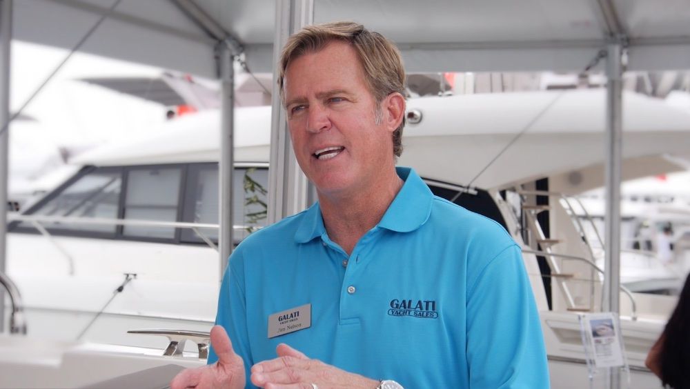 Galati sales professional Jim Nelson talks with boats.com at the Miami International Boat Show. Ed Kukla photo.