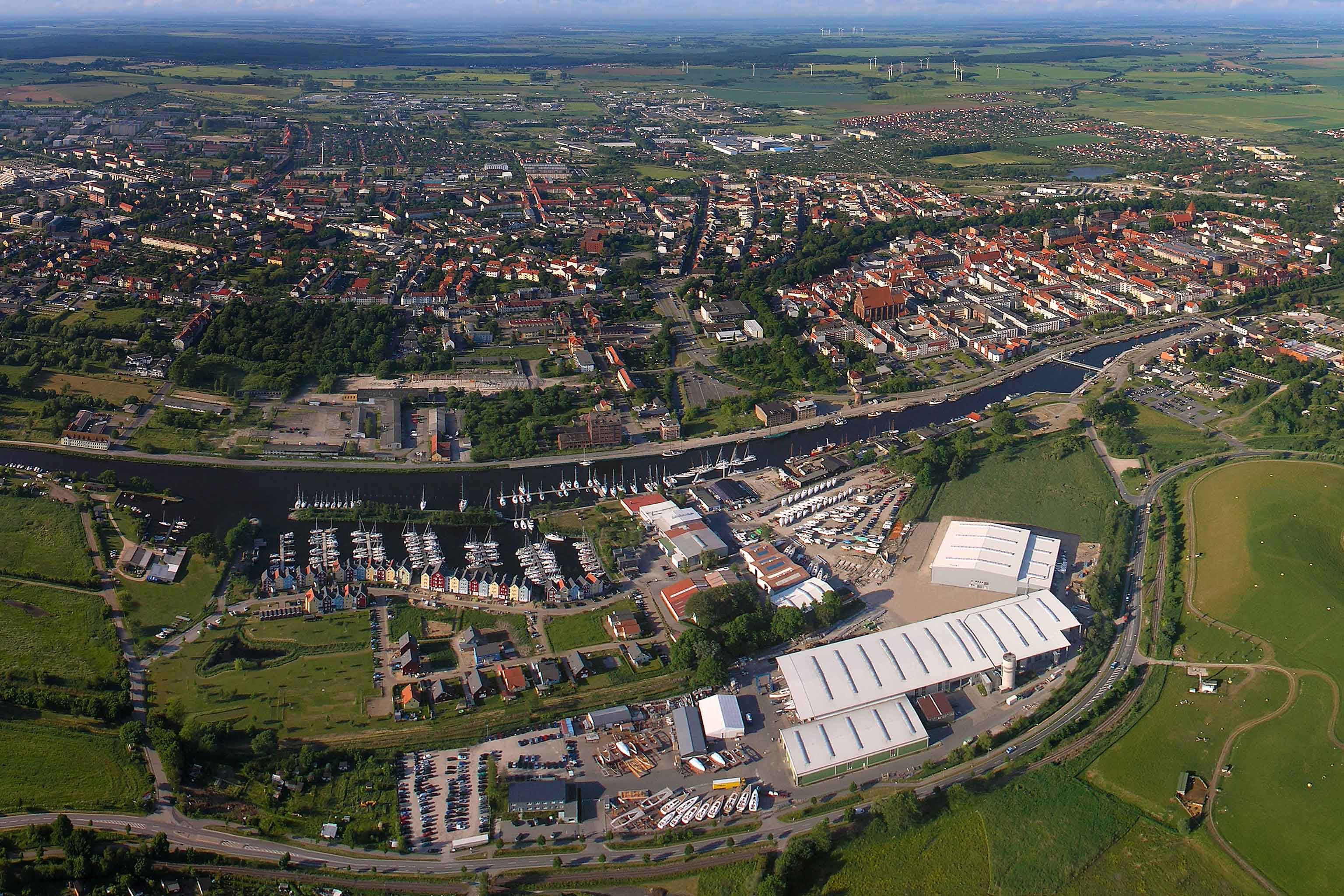 A view from above: the Hanse factory, the River Ryck and the city of Greifswald. Photo courtesy of Hanseyachts.