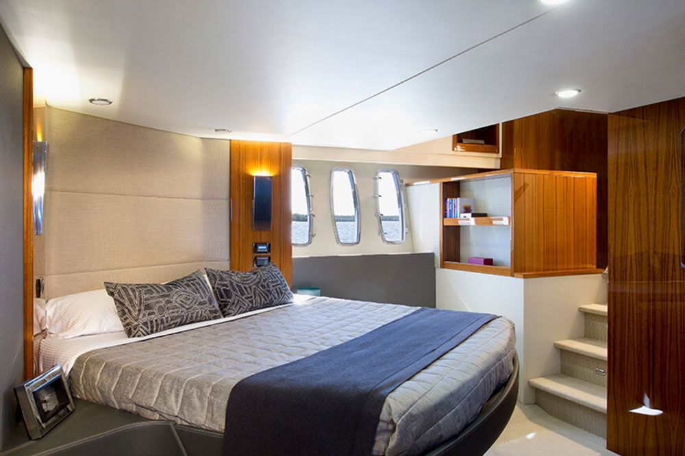 The owner’s stateroom is really more of a suite, and is significantly up-sized compared to those found on other yachts in this class.