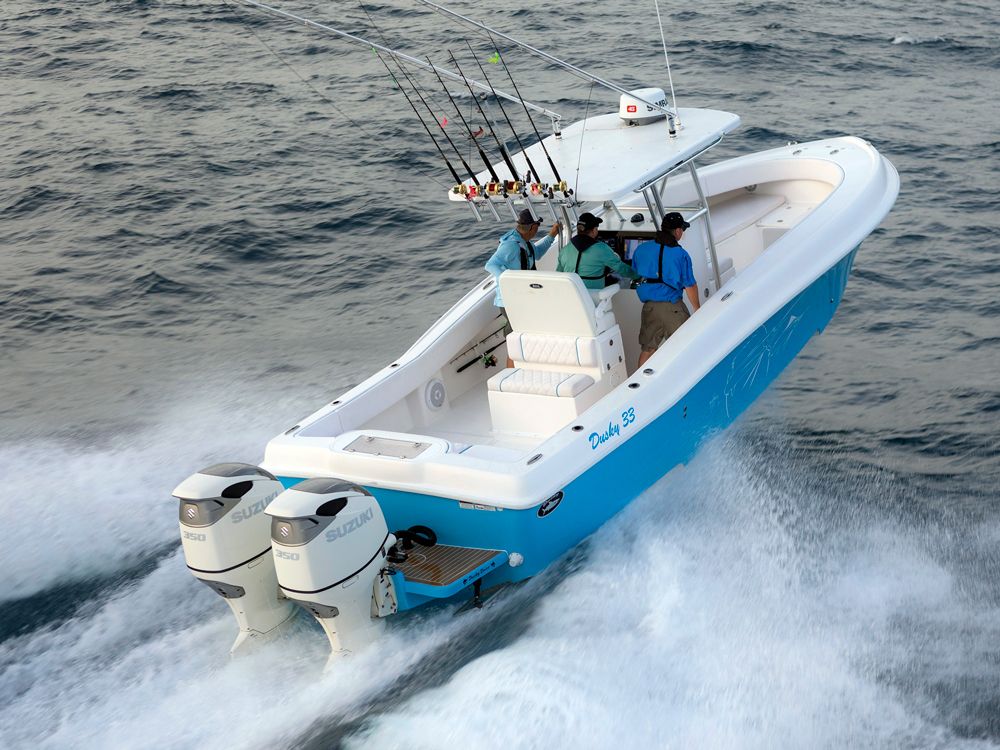 A pair of Suzuki DF350A motors delivered outstanding hole-shot on a Dusky 33 Open and a top speed of 60 MPH.