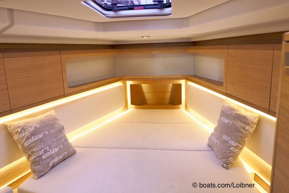 The owner's cabin forward benefits from numerous storage cabinets and shelves and some creative mood lighting.