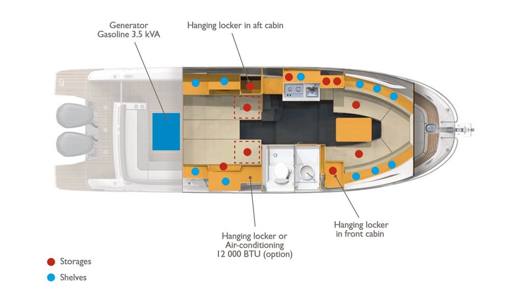 The cabin layout builds a lot of utility into a relatively small foot-print. Note the inclusion of a separate shower stall in the head, an unusual perk on a boat of this size.