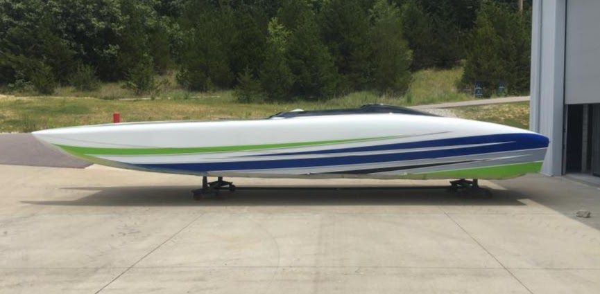 Slated for a Lake of the Ozarks Shootout debut this summer, this 32 Doug Wright is the first pleasure version to be painted and rigged by Performance Boat Center.