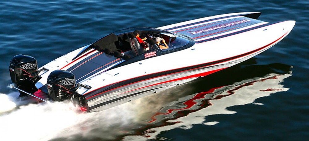 The scene-stealing, low-profile Habitual C4400 catamaran was Mystic’s most impressive high-performance build of 2017. Photo by Pete Boden/Shoot 2 Thrill Pix.