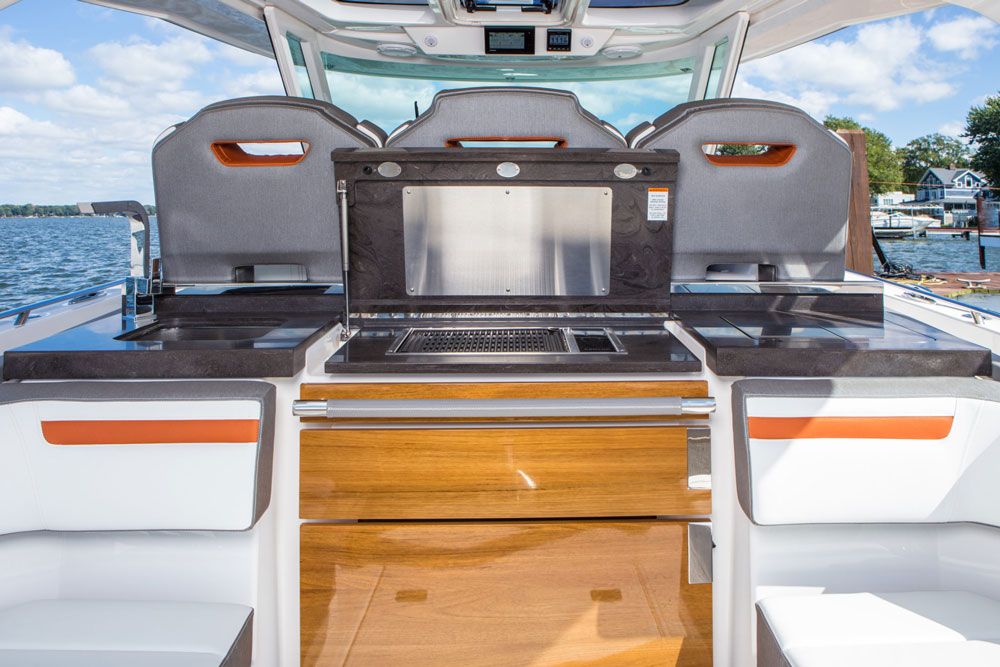 Whether it’s lunch on the hook or dinner during a long weekend aboard, the abovedeck galley is ready for action.
