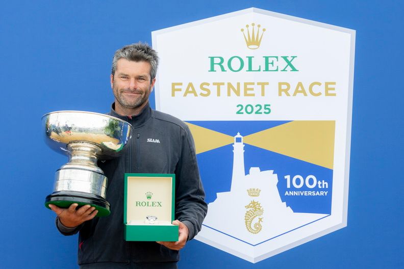Rolex-Fastnet-Race-Alexis-Loison-skipper-of-LEON-with-the-winners-cup